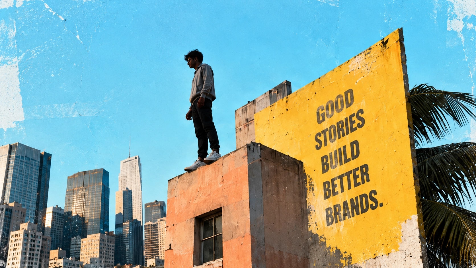 Generated concept rooftop scene with a blue sky and a yellow storytelling poster