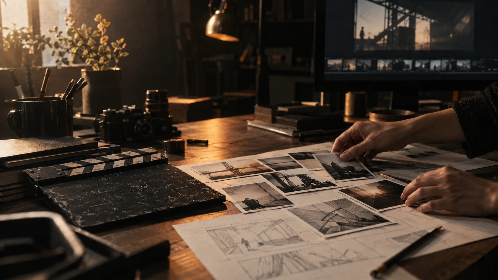 Generated editorial concept of anonymous hands arranging photographic prints and storyboard sketches on a warm studio desk